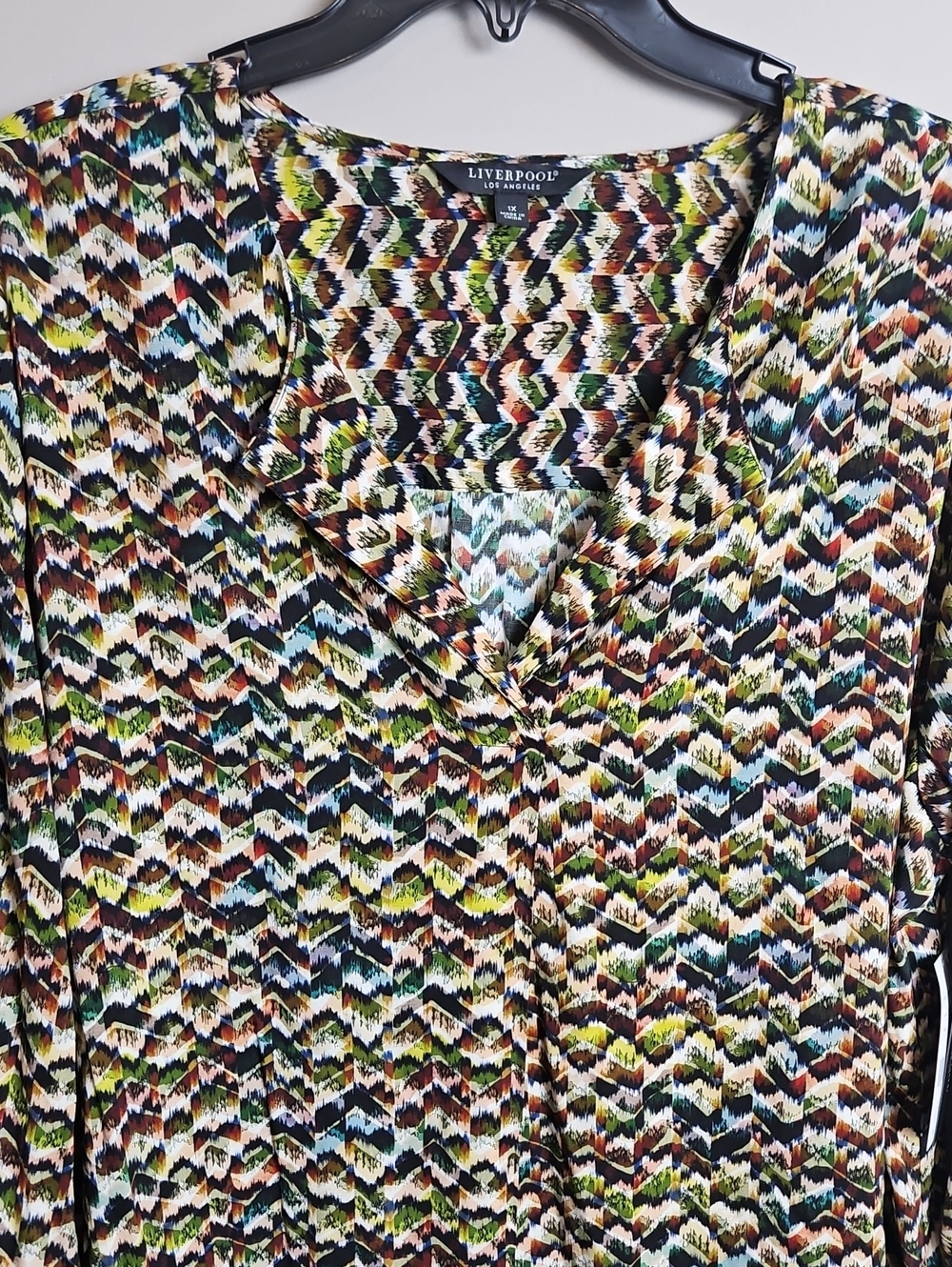 Liverpool 3/4 Sleeve Split neck Top: Color- Tourmaline Multi: Size- 1X